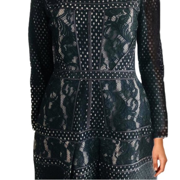 MIRI Floral Dot Pattern Black Lace Overlay Structured Detailed Midi Dress Sz 6 - Picture 2 of 4